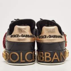 Pre Owned Dolce & Gabbana Black Leather Portofino Embellished Low Top Sneakers Size 39