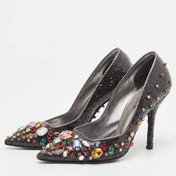 Pre Owned Dolce & Gabbana Black Sequins and Leather Trim Crystal Embellished Pumps Size 37