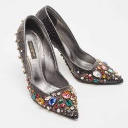 Pre Owned Dolce & Gabbana Black Sequins and Leather Trim Crystal Embellished Pumps Size 37