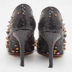 Dolce & Gabbana Black Sequins and Leather Trim Crystal Embellished Pumps Size 37