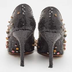 Pre Owned Dolce & Gabbana Black Sequins and Leather Trim Crystal Embellished Pumps Size 37
