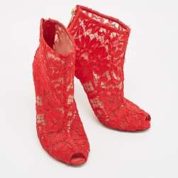 Dolce & Gabbana Red Lace and Mesh Peep Toe Ankle Boots Size 36