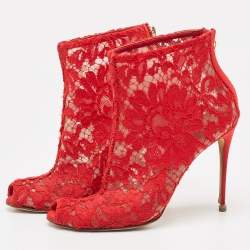 Dolce & Gabbana Red Lace and Mesh Peep Toe Ankle Boots Size 36