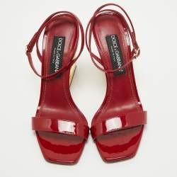 Pre Owned Dolce & Gabbana Red Patent Leather Ankle Wrap DG Heel Sandals Size 39