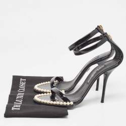 Pre Owned Dolce & Gabbana Black Patent Ankle Strap  Pear Embellished Sandals Size 38