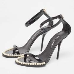 Pre Owned Dolce & Gabbana Black Patent Ankle Strap  Pear Embellished Sandals Size 38