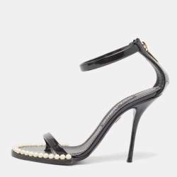 Pre Owned Dolce & Gabbana Black Patent Ankle Strap  Pear Embellished Sandals Size 38