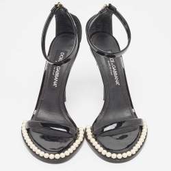 Pre Owned Dolce & Gabbana Black Patent Ankle Strap  Pear Embellished Sandals Size 38
