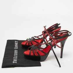 Pre Owned Dolce & Gabbana Red/Black Leather Lace Up Sandals Size 38