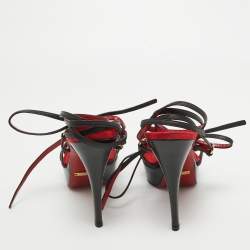 Pre Owned Dolce & Gabbana Red/Black Leather Lace Up Sandals Size 38
