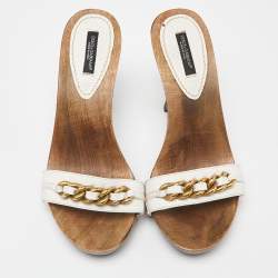 Dolce & Gabbana White Leather Chain Slides Size 40    