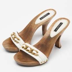 Dolce & Gabbana White Leather Chain Slides Size 40    
