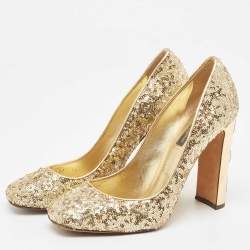 Pre Owned Dolce & Gabbana Gold Sequins Studded Heel Square Toe Pumps Size 38.5