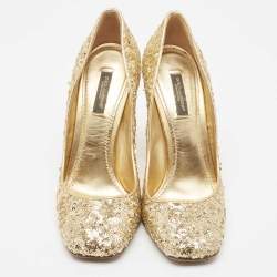 Pre Owned Dolce & Gabbana Gold Sequins Studded Heel Square Toe Pumps Size 38.5
