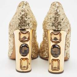 Pre Owned Dolce & Gabbana Gold Sequins Studded Heel Square Toe Pumps Size 38.5
