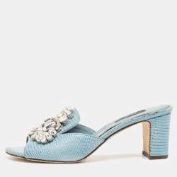 Dolce & Gabbana Light Blue Embossed Lizard Crystal Embellished Slide Sandals Size 36