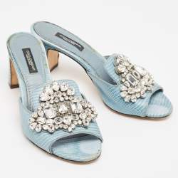 Dolce & Gabbana Light Blue Embossed Lizard Crystal Embellished Slide Sandals Size 36