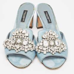 Dolce & Gabbana Light Blue Embossed Lizard Crystal Embellished Slide Sandals Size 36