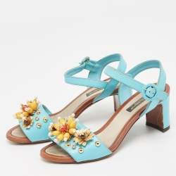 Pre Owned Dolce & Gabbana Blue Embossed Lizard Embellished Ankle Strap Sandals Size 35