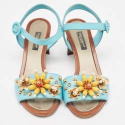 Pre Owned Dolce & Gabbana Blue Embossed Lizard Embellished Ankle Strap Sandals Size 35