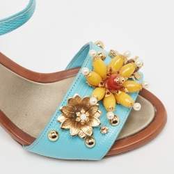 Pre Owned Dolce & Gabbana Blue Embossed Lizard Embellished Ankle Strap Sandals Size 35