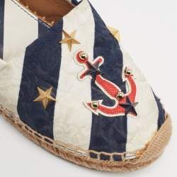 Dolce & Gabbana Navy Blue/White Striped Brocade Fabric Star Studded Espadrille Flats Size 36