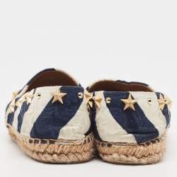 Dolce & Gabbana Navy Blue/White Striped Brocade Fabric Star Studded Espadrille Flats Size 36