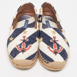 Dolce & Gabbana Navy Blue/White Striped Brocade Fabric Star Studded Espadrille Flats Size 36