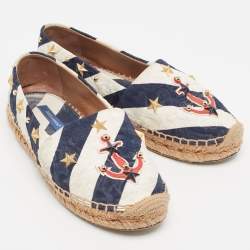Dolce & Gabbana Navy Blue/White Striped Brocade Fabric Star Studded Espadrille Flats Size 36