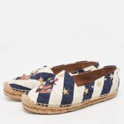 Dolce & Gabbana Navy Blue/White Striped Brocade Fabric Star Studded Espadrille Flats Size 36