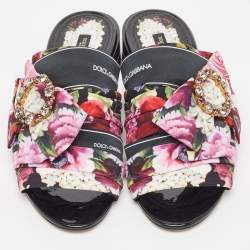 Dolce & Gabbana Multicolor Floral Print Fabric Embellished Slide Sandals Size 39
