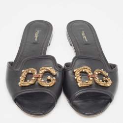Pre Owned Dolce & Gabbana Black Leather  DG Amore Flat Slides Size 39