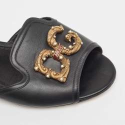 Pre Owned Dolce & Gabbana Black Leather  DG Amore Flat Slides Size 39