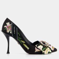 Dolce & Gabbana Black Floral Heels with Crystal Detailing Size EU 38.5