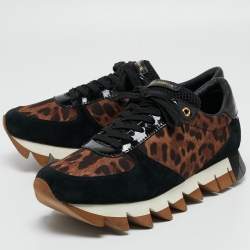 Pre Owned Dolce & Gabbana Black/Brown Suede and Leopard Print Fabric Low Top Sneakers Size 40