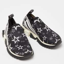 Pre Owned Dolce & Gabbana Black/White Stars Knit Fabric Sorrento Slip-On Sneakers Size 36