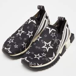 Pre Owned Dolce & Gabbana Black/White Stars Knit Fabric Sorrento Slip-On Sneakers Size 36