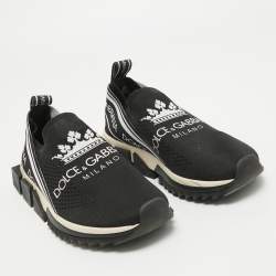 Pre Owned Dolce & Gabbana Black Knit Fabric Crown Print Sorrento Sneakers Size 39