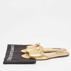 Pre Owned Dolce & Gabbana Metallic Gold Lizard Embossed Leather Flat Slides Size 37.5