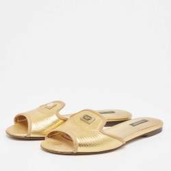 Pre Owned Dolce & Gabbana Metallic Gold Lizard Embossed Leather Flat Slides Size 37.5