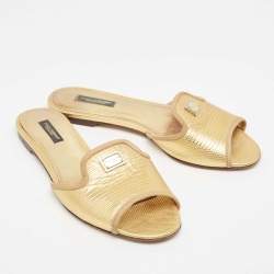 Pre Owned Dolce & Gabbana Metallic Gold Lizard Embossed Leather Flat Slides Size 37.5