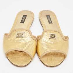 Pre Owned Dolce & Gabbana Metallic Gold Lizard Embossed Leather Flat Slides Size 37.5