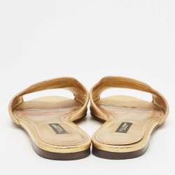 Pre Owned Dolce & Gabbana Metallic Gold Lizard Embossed Leather Flat Slides Size 37.5