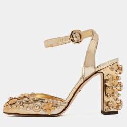 Pre Owned Dolce & Gabbana Gold Foil Leather Embellished Block Heel Ankle Strap Sandals Size 38