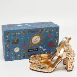 Pre Owned Dolce & Gabbana Gold Foil Leather Embellished Block Heel Ankle Strap Sandals Size 38
