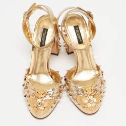 Pre Owned Dolce & Gabbana Gold Foil Leather Embellished Block Heel Ankle Strap Sandals Size 38