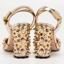 Pre Owned Dolce & Gabbana Gold Foil Leather Embellished Block Heel Ankle Strap Sandals Size 38