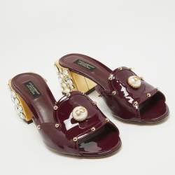 Pre Owned Dolce & Gabbana Burgundy Patent Leather Crystal Embellishment Block Heel Mules Size 37