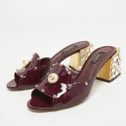 Pre Owned Dolce & Gabbana Burgundy Patent Leather Crystal Embellishment Block Heel Mules Size 37