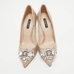 Pre Owned Dolce & Gabbana Beige Water Snake Crystal Embellished Pumps Size 37